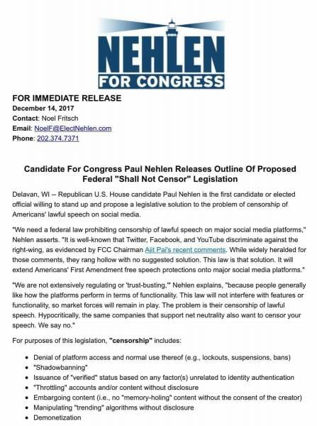 Nehlen's Shall Not Censor Legislation Press Release, page 1